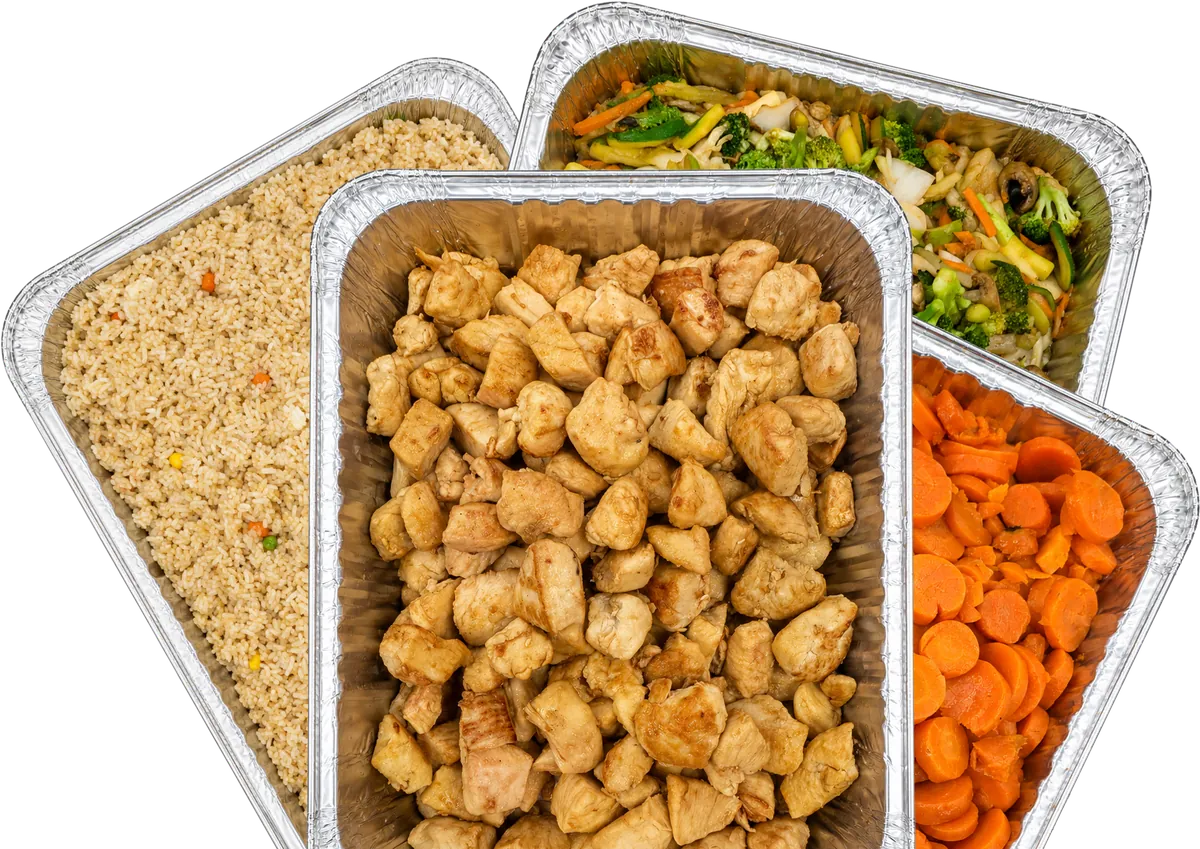 Stacked Sake Express catering trays ready for delivery